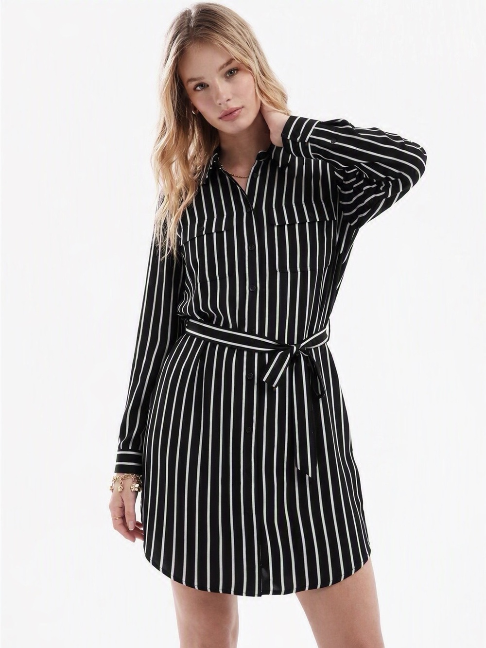 Lauren Ralph Lauren Black & White Vertical Stripes Shirt Dress